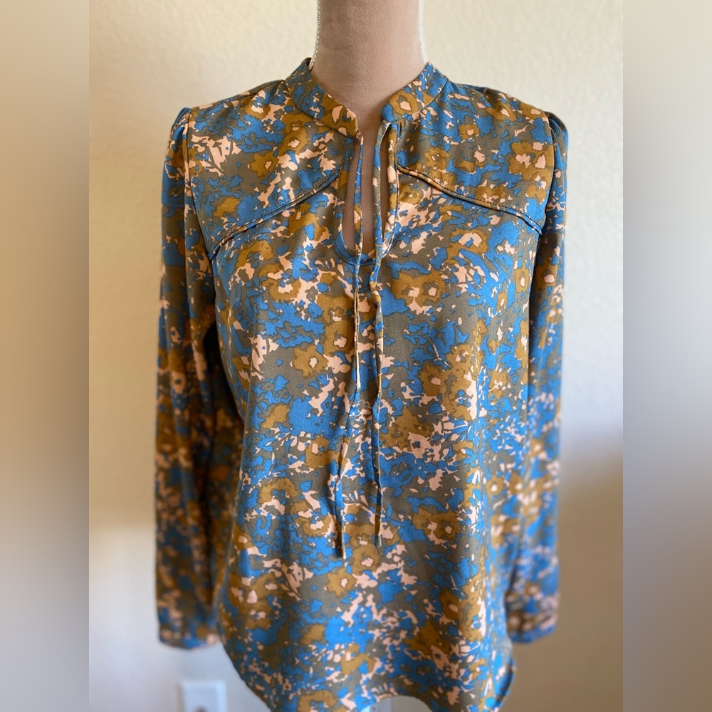 Prana Blue Mustard Pink Floral-Print Long-Sleeve Blouse Size Medium